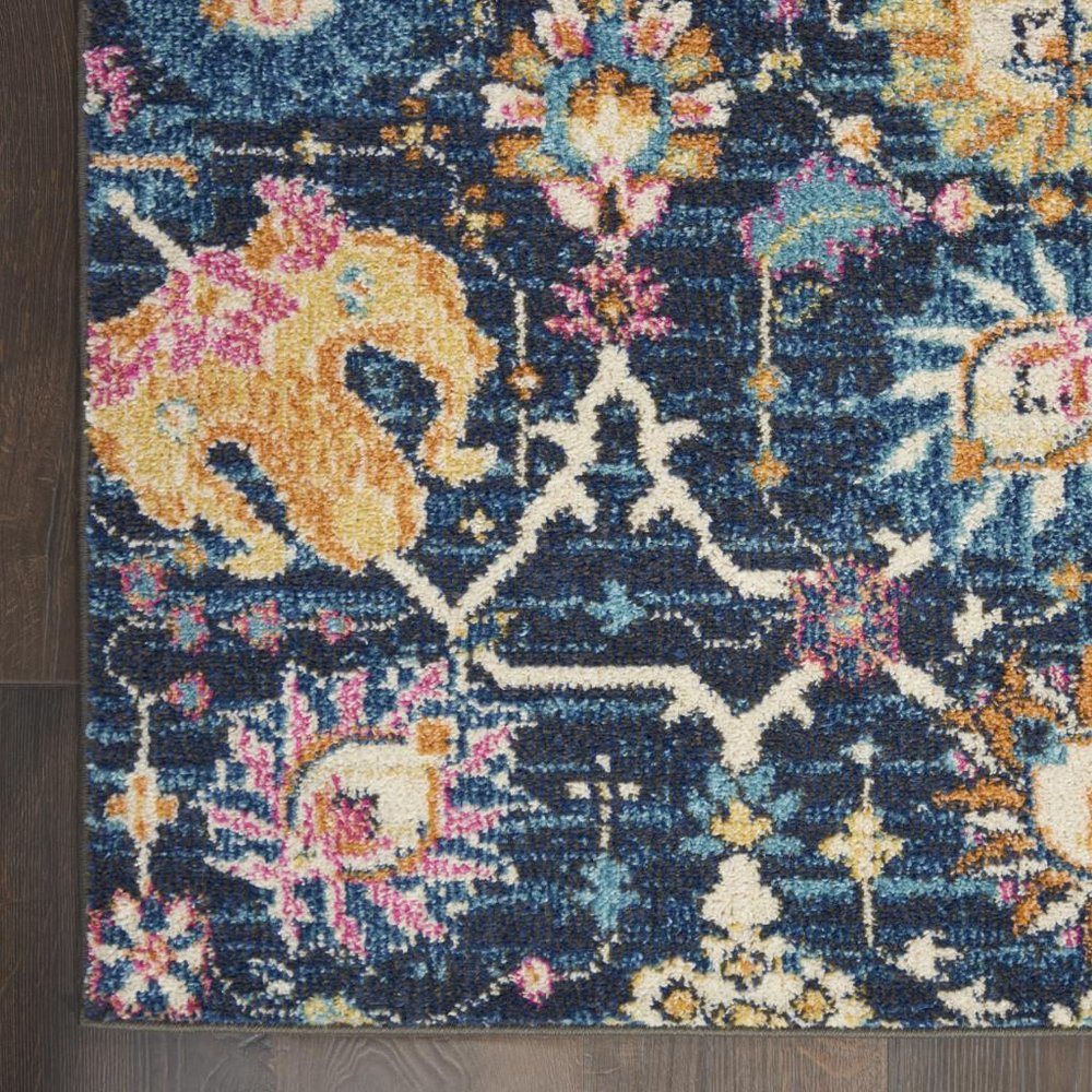 5' Navy Blue Yellow And Pink Floral Round Rug
