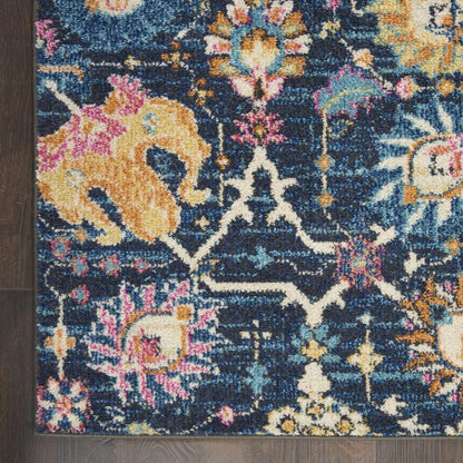 5' Navy Blue Yellow And Pink Floral Round Rug