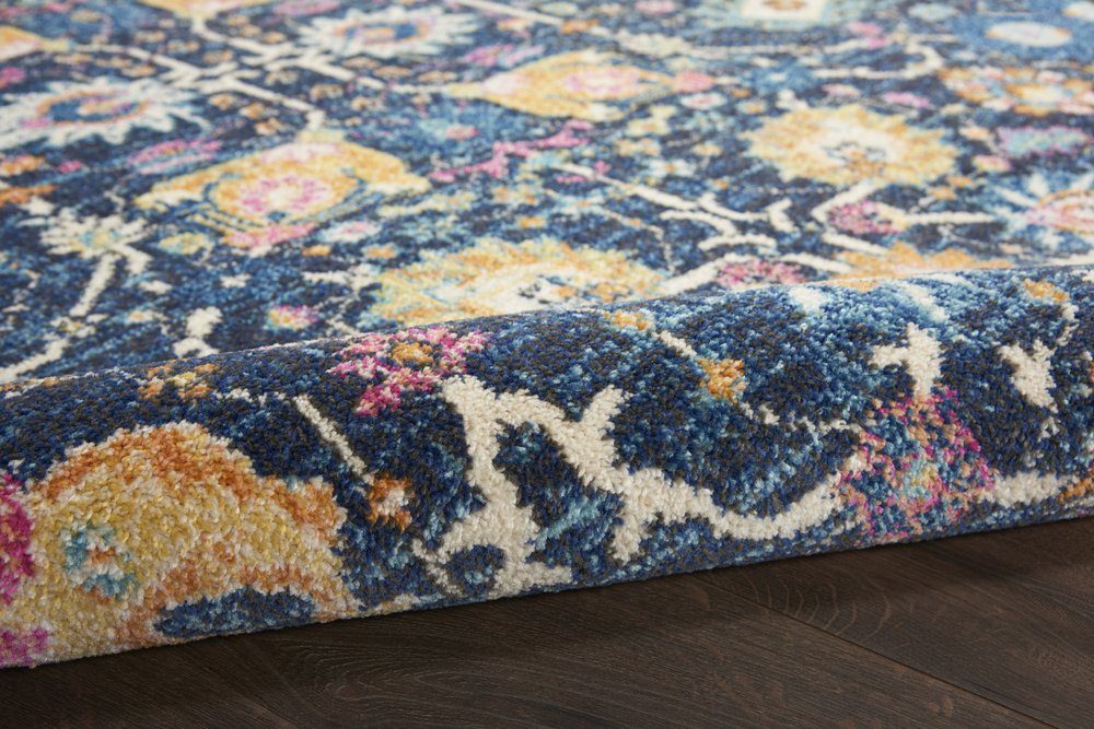 8' Navy Blue Yellow And Pink Floral Runner Rug