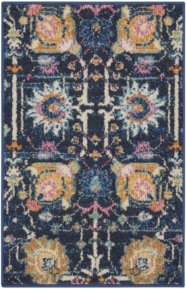8' Navy Blue Yellow And Pink Floral Runner Rug