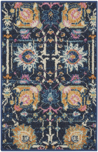 8' Navy Blue Yellow And Pink Floral Runner Rug