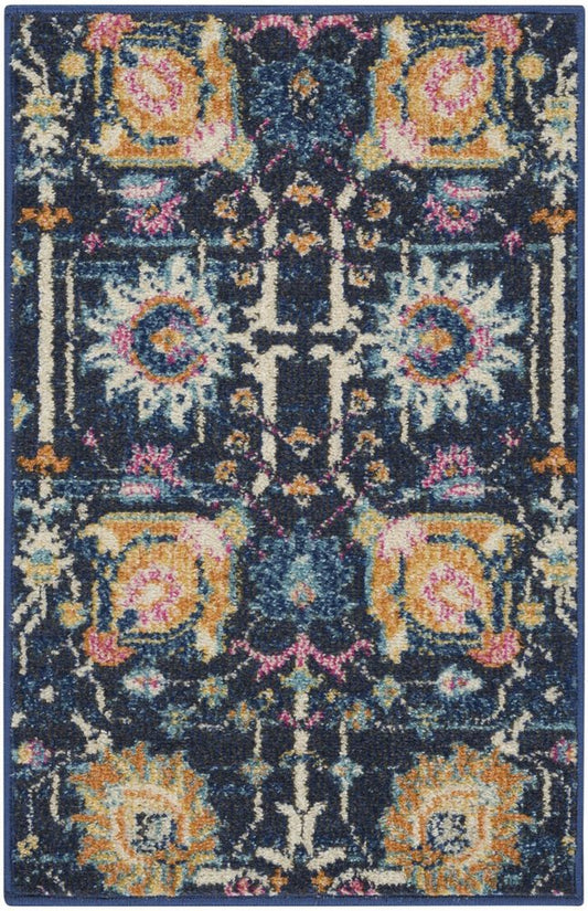 5' Navy Blue Yellow And Pink Floral Round Rug