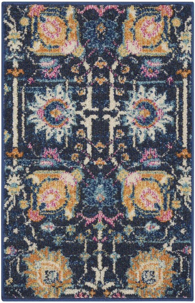 5' Navy Blue Yellow And Pink Floral Round Rug