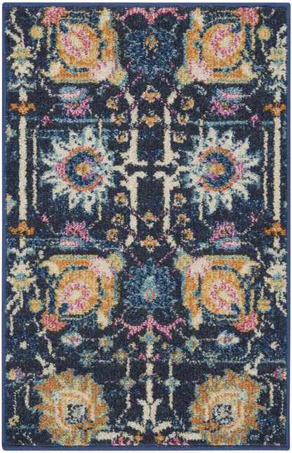 5' Navy Blue Yellow And Pink Floral Round Rug
