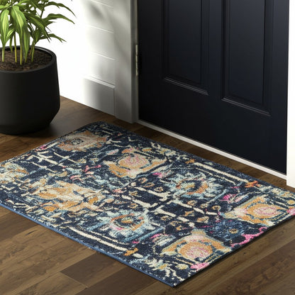 5' Navy Blue Yellow And Pink Floral Round Rug