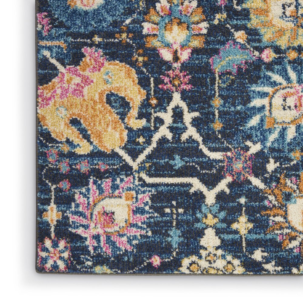 8' Navy Blue Yellow And Pink Floral Runner Rug