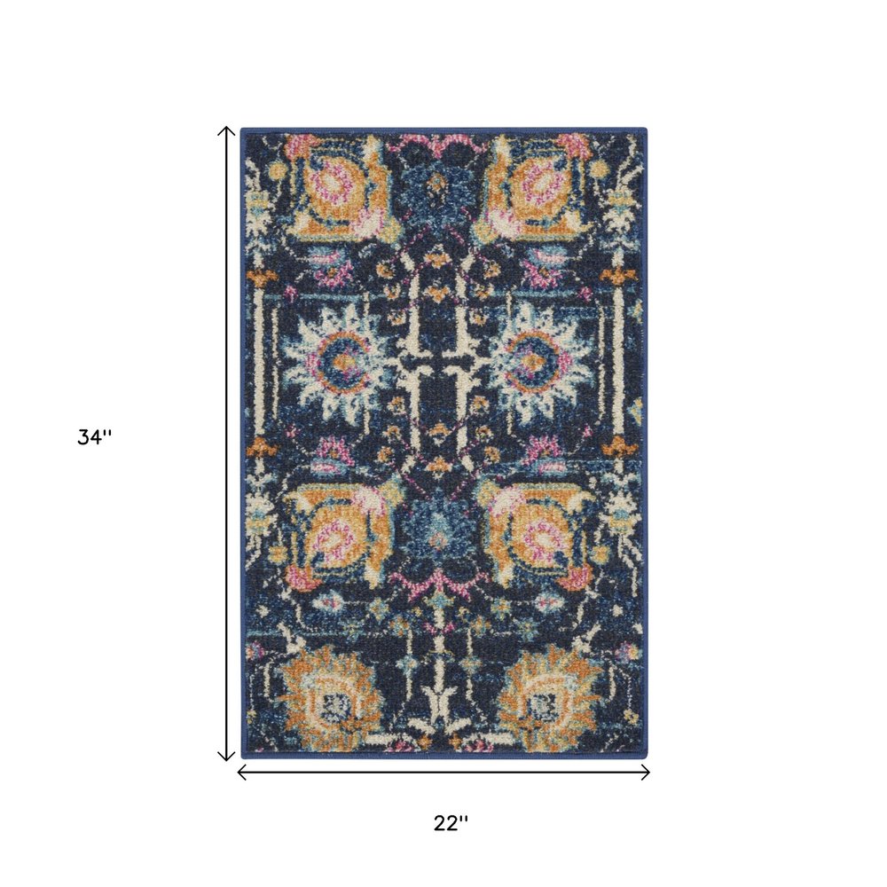 8' Navy Blue Yellow And Pink Floral Runner Rug
