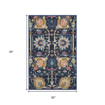 5' X 7' Navy Blue Yellow And Pink Floral Area Rug