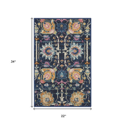 5' X 7' Navy Blue Yellow And Pink Floral Area Rug