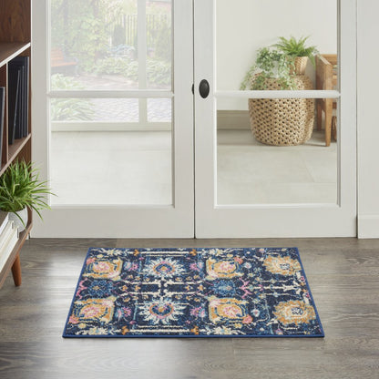 5' X 7' Navy Blue Yellow And Pink Floral Area Rug