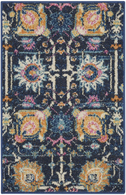8' Navy Blue Yellow And Pink Floral Runner Rug