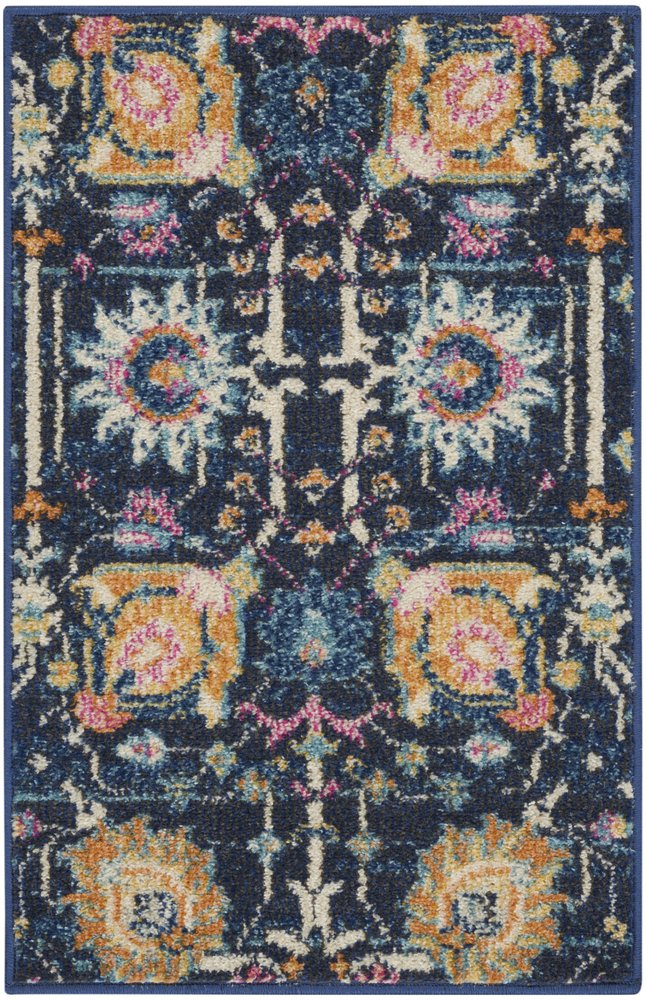 8' Navy Blue Yellow And Pink Floral Runner Rug