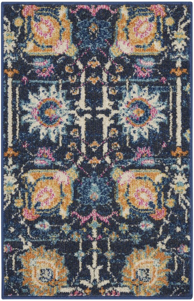 5' X 7' Navy Blue Yellow And Pink Floral Area Rug