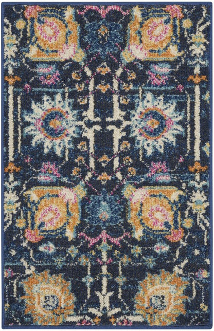 5' X 7' Navy Blue Yellow And Pink Floral Area Rug