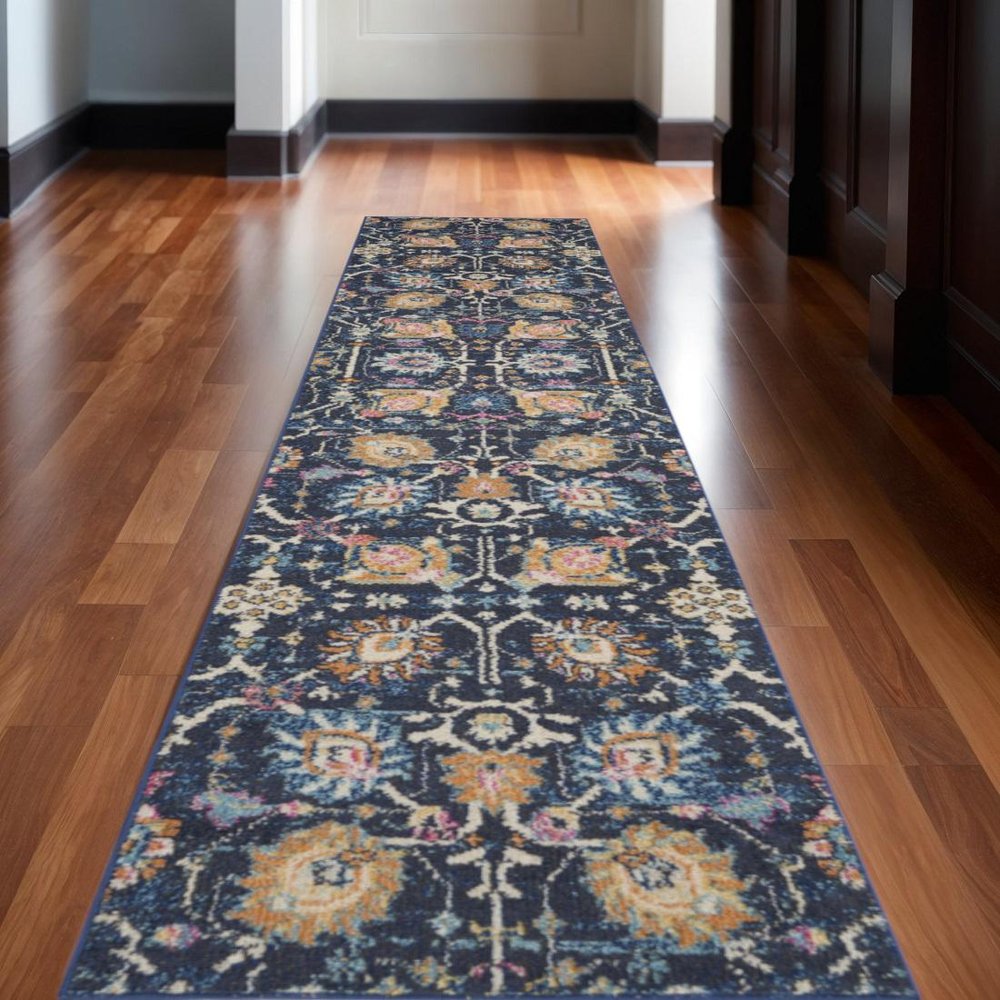 5' Navy Blue Yellow And Pink Floral Round Rug