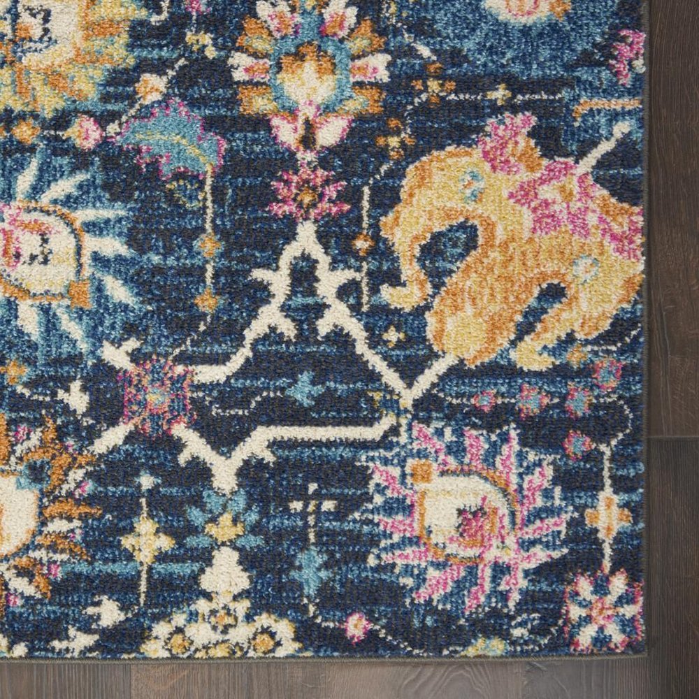 5' Navy Blue Yellow And Pink Floral Round Rug