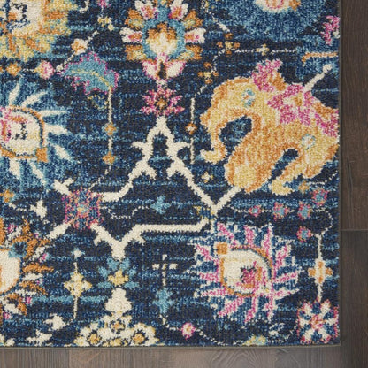 5' Navy Blue Yellow And Pink Floral Round Rug