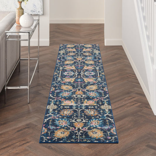 5' X 7' Navy Blue Yellow And Pink Floral Area Rug