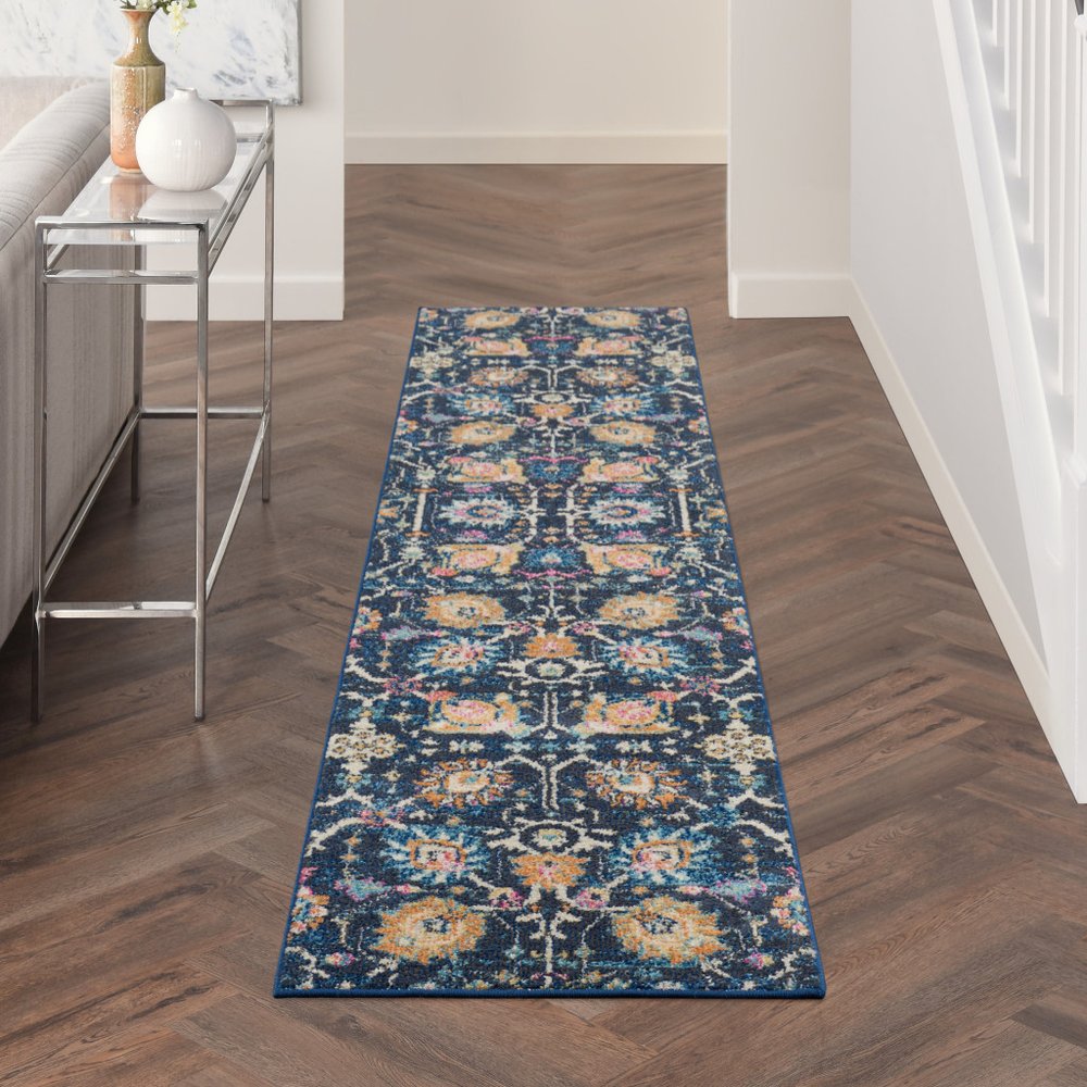 5' X 7' Navy Blue Yellow And Pink Floral Area Rug