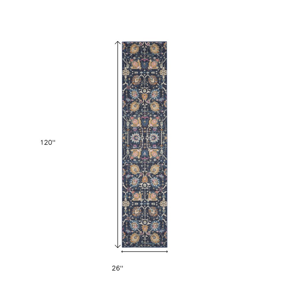 5' X 7' Navy Blue Yellow And Pink Floral Area Rug