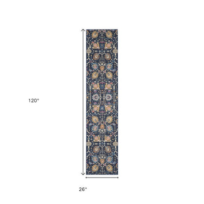 5' X 7' Navy Blue Yellow And Pink Floral Area Rug