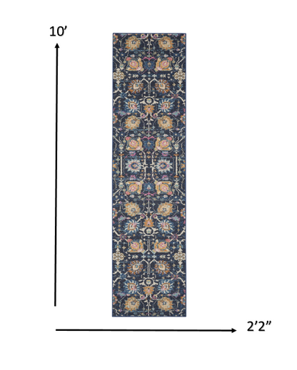 7' X 10' Navy Blue Floral Power Loom Area Rug