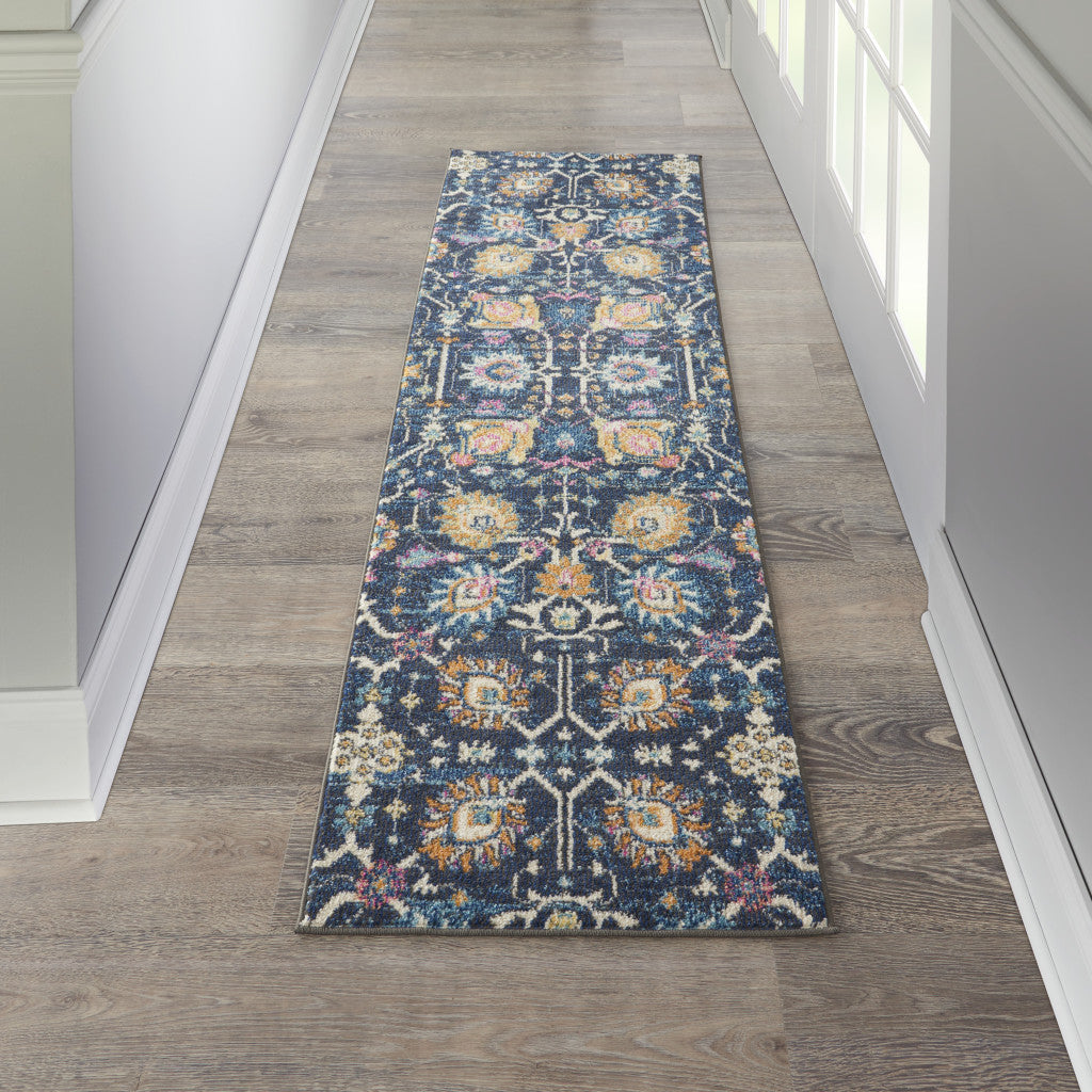 7' X 10' Navy Blue Floral Power Loom Area Rug