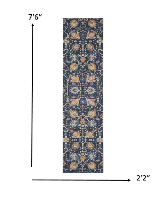 7' X 10' Navy Blue Floral Power Loom Area Rug