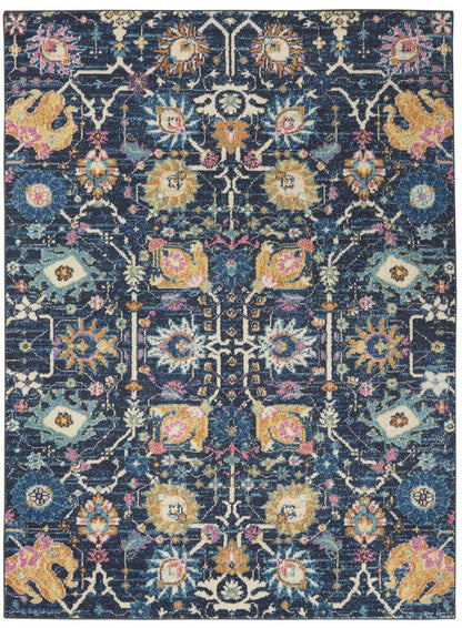 4' X 6' Navy Blue Yellow And Pink Floral Area Rug