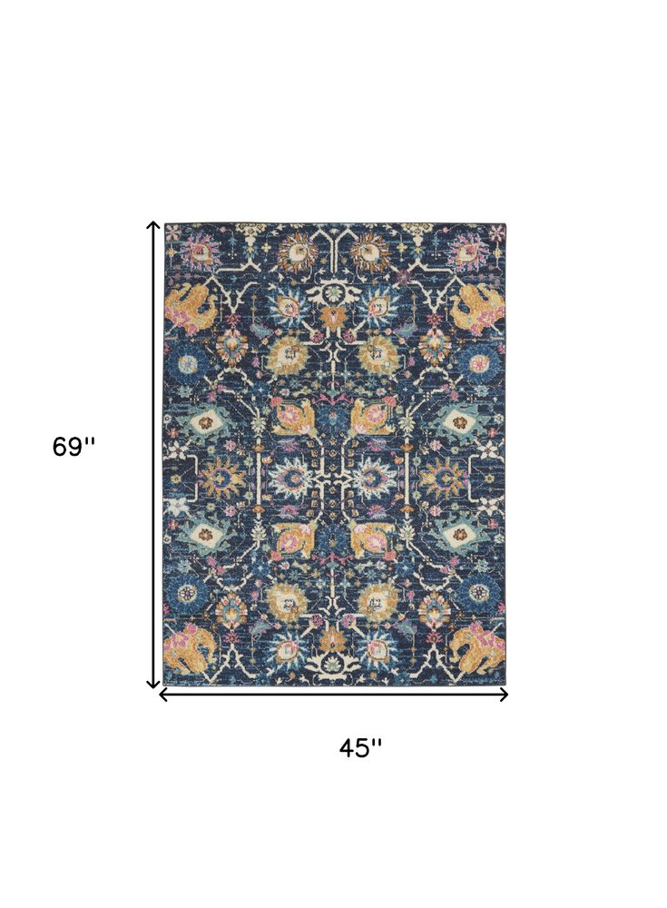 4' X 6' Navy Blue Yellow And Pink Floral Area Rug