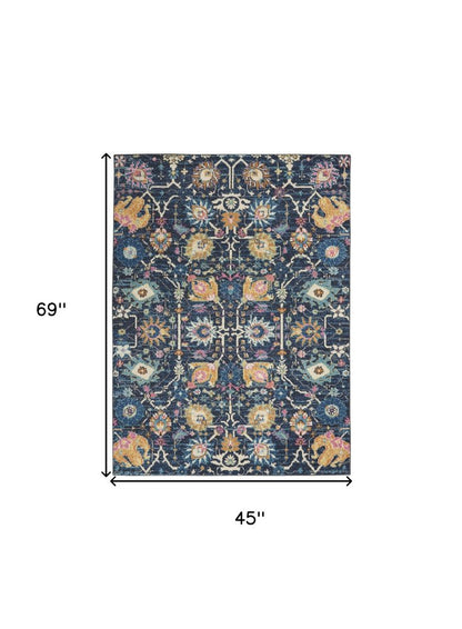 4' X 6' Navy Blue Yellow And Pink Floral Area Rug