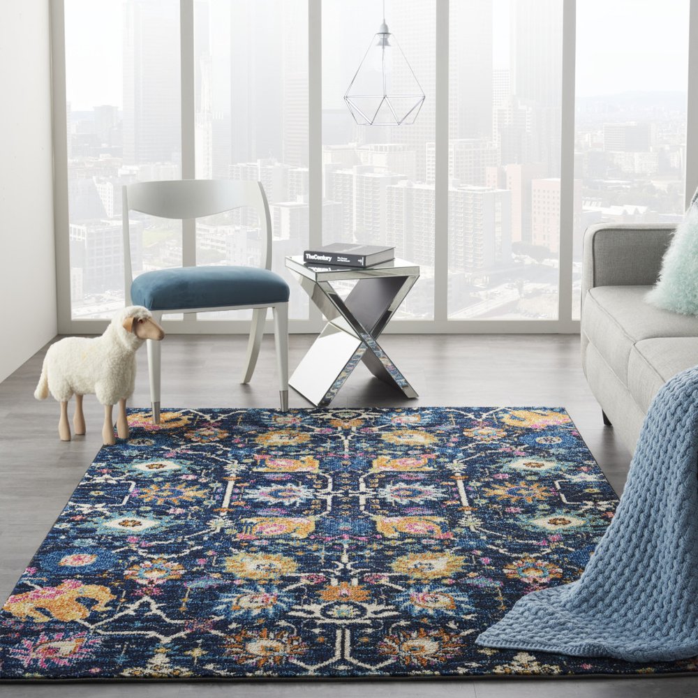 4' X 6' Navy Blue Yellow And Pink Floral Area Rug
