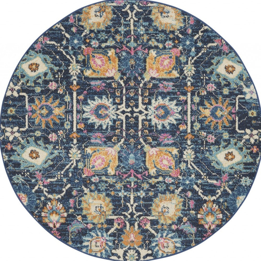 7' X 10' Navy Blue Floral Power Loom Area Rug