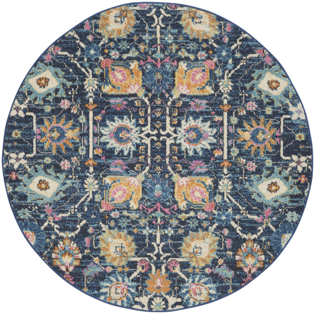 7' X 10' Navy Blue Floral Power Loom Area Rug