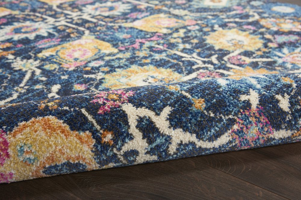 5' X 7' Navy Blue Yellow And Pink Floral Area Rug