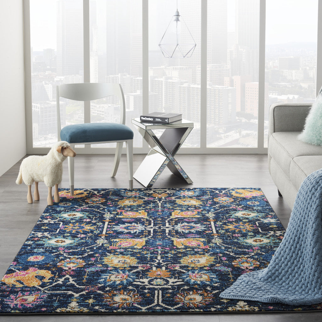 7' X 10' Navy Blue Floral Power Loom Area Rug