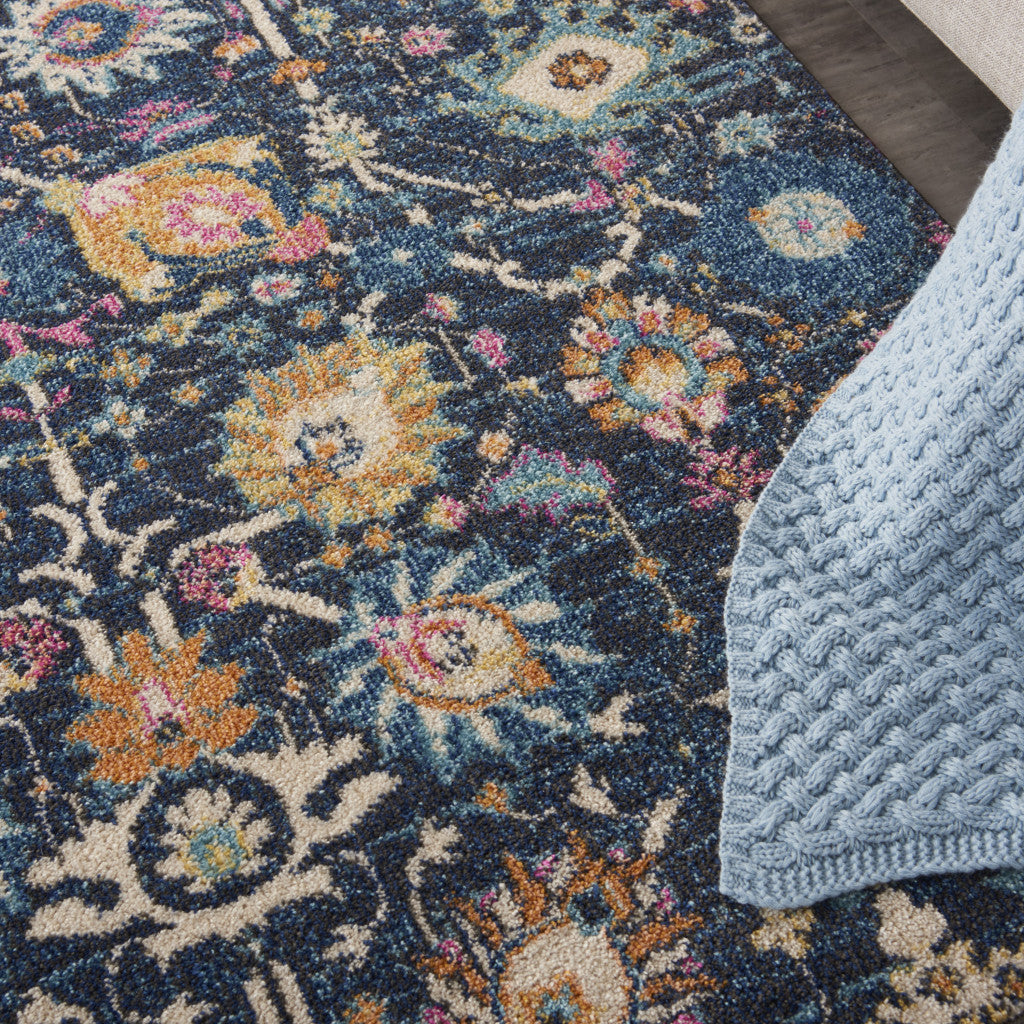 7' X 10' Navy Blue Floral Power Loom Area Rug