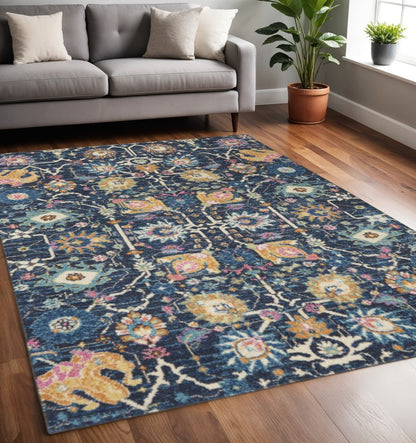 5' X 7' Navy Blue Yellow And Pink Floral Area Rug