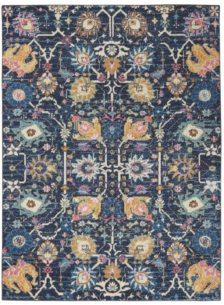 5' X 7' Navy Blue Yellow And Pink Floral Area Rug
