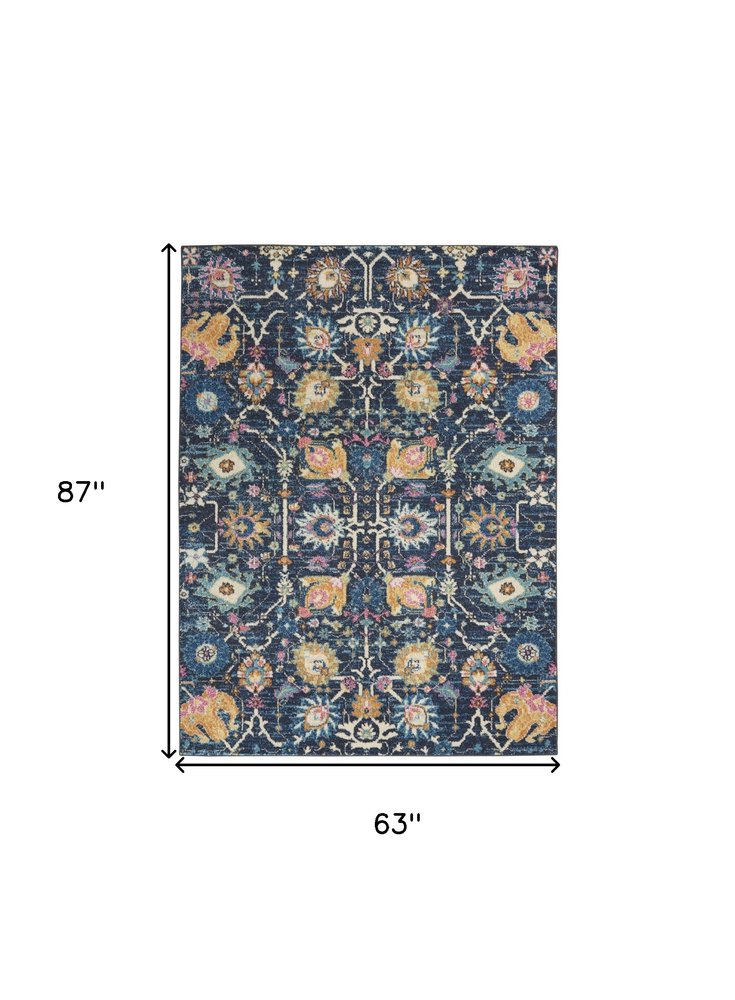 5' X 7' Navy Blue Yellow And Pink Floral Area Rug