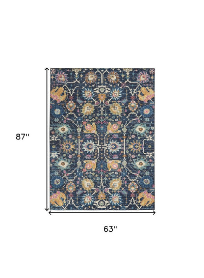 5' X 7' Navy Blue Yellow And Pink Floral Area Rug