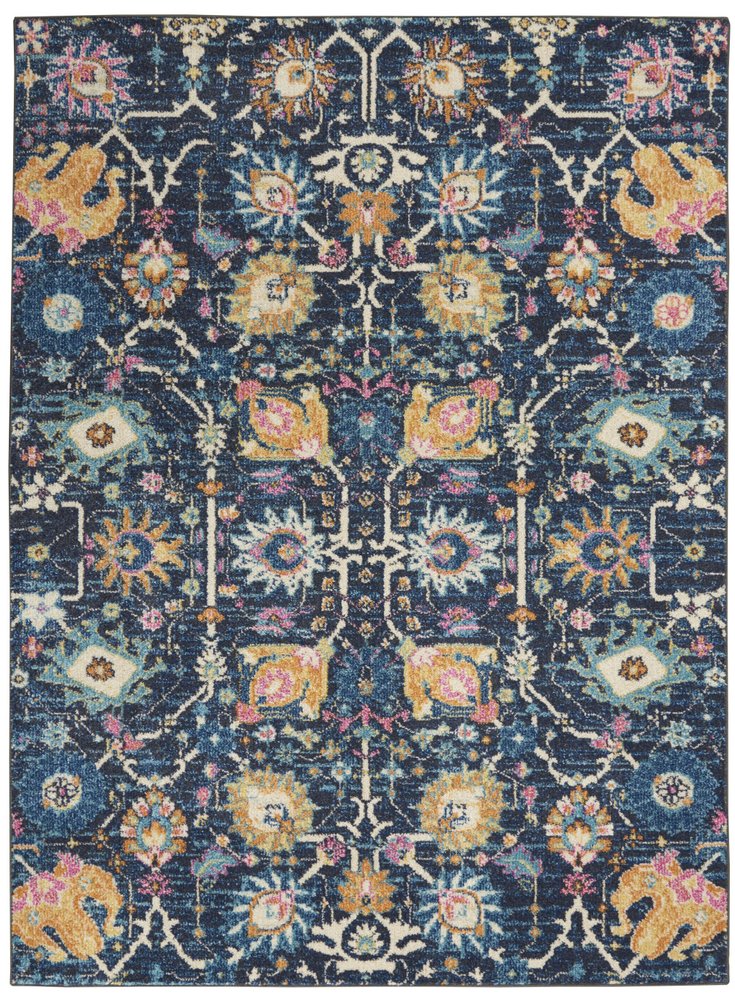 5' X 7' Navy Blue Yellow And Pink Floral Area Rug