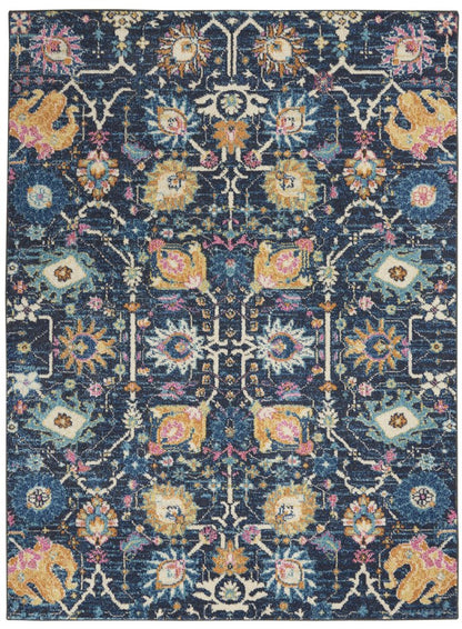 5' X 7' Navy Blue Yellow And Pink Floral Area Rug