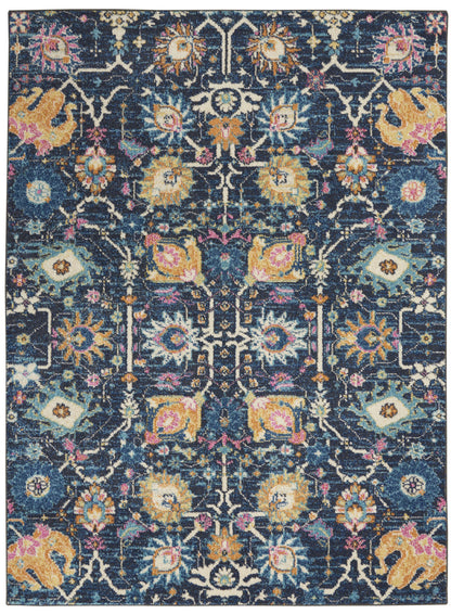 7' X 10' Navy Blue Floral Power Loom Area Rug