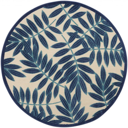 5' X 5' Blue And Ivory Round Floral Indoor Outdoor Area Rug