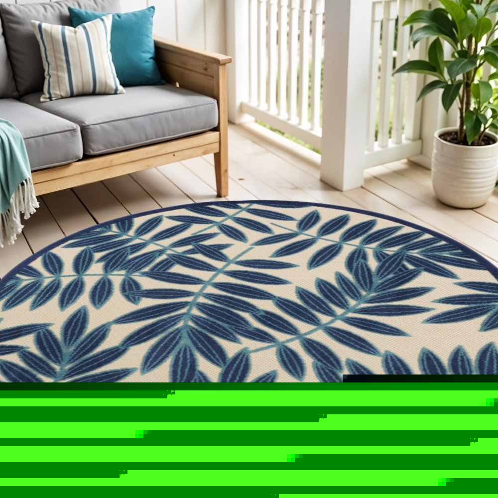 7' X 10' Blue And Ivory Floral Indoor Outdoor Area Rug