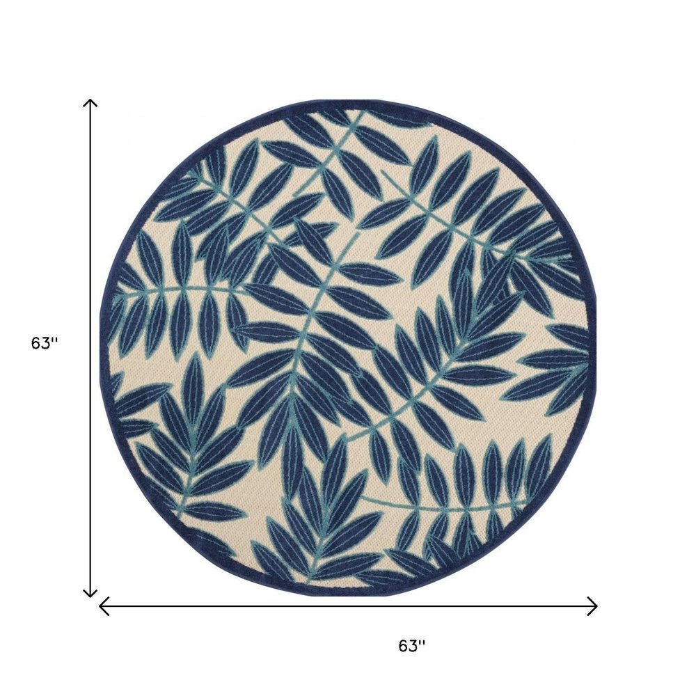 5' X 5' Blue And Ivory Round Floral Indoor Outdoor Area Rug