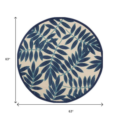 5' X 5' Blue And Ivory Round Floral Indoor Outdoor Area Rug
