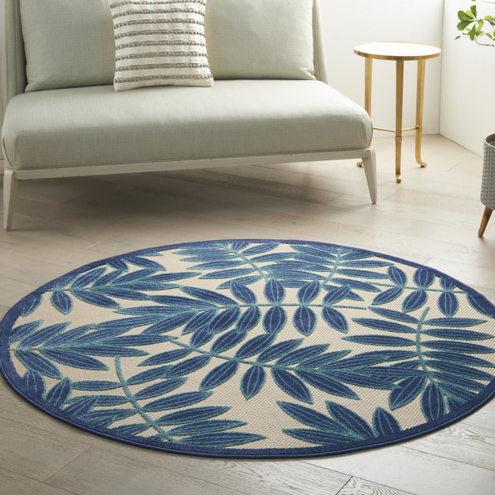 5' X 5' Blue And Ivory Round Floral Indoor Outdoor Area Rug