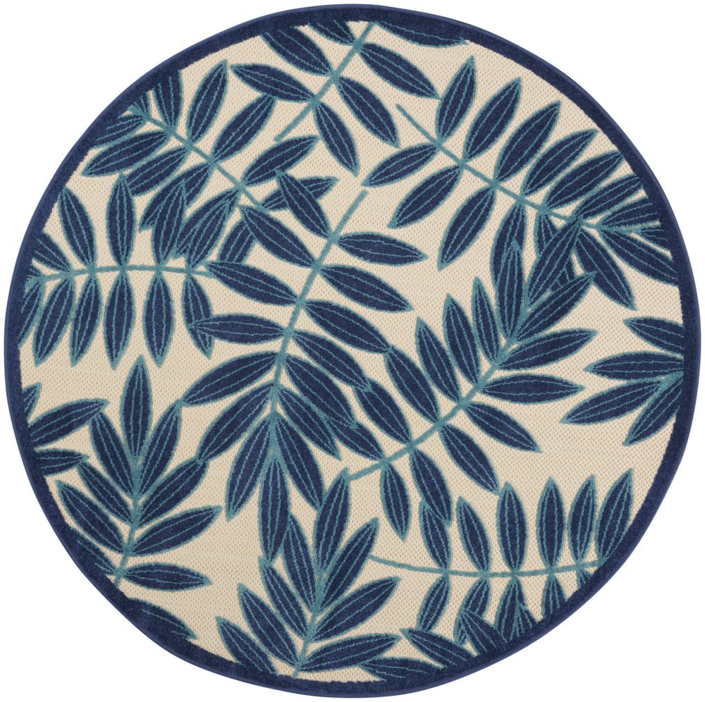 5' X 5' Blue And Ivory Round Floral Indoor Outdoor Area Rug
